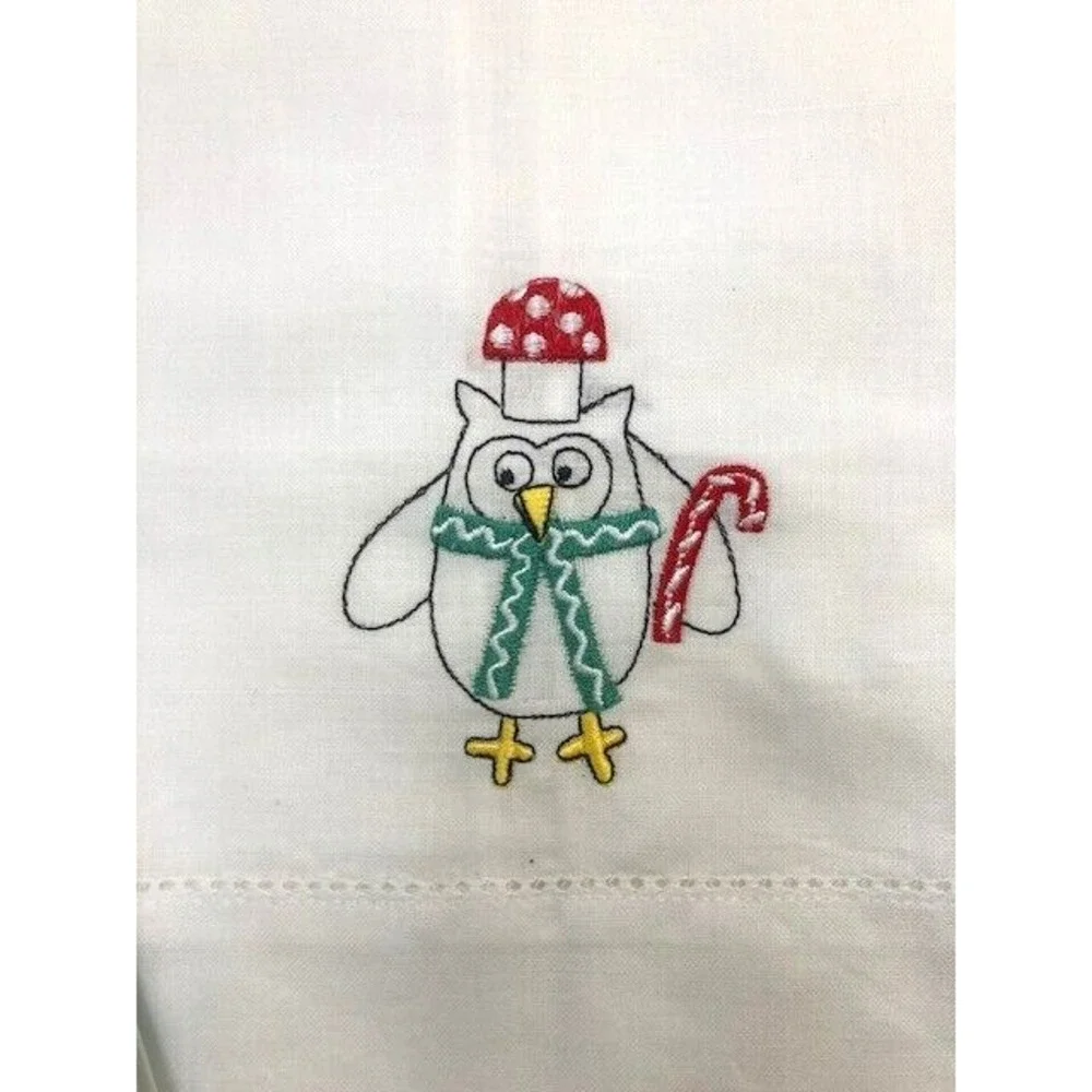 Pair of Embroidered Christmas Owl Mushroom Tea Towels‎ NWT Carol Eldridge